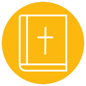 an orange circle with a white bible icon in the middle